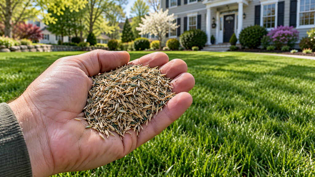 Hand holding a high-quality cool-season grass seed mix containing Kentucky bluegrass and tall fescue above a green lawn in Massachusetts