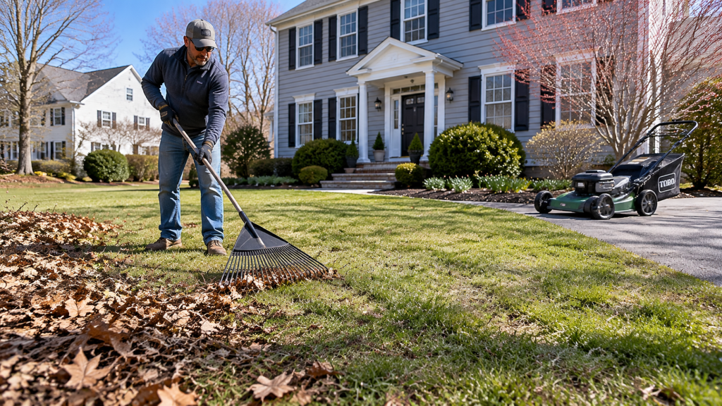 Spring lawn cleanup in Massachusetts featuring light raking of winter debris from emerging green grass blades next to a clean walk-behind mower